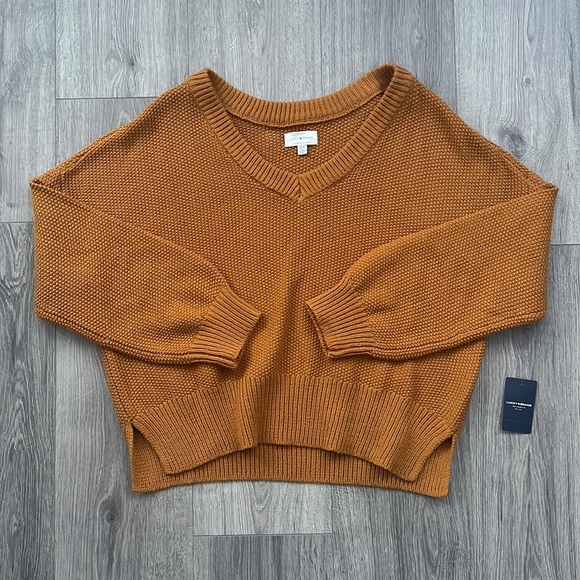 Lucky Brand Chunky Knit Balloon Sleeve V-Neck Pullover Sweater Brown Medium - Picture 1 of 10